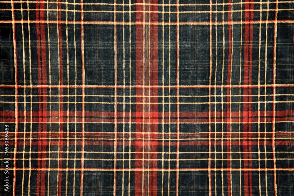 Poster close-up view of vibrant red, black plaid fabric with diagonal stripes. fabric texture appears smoot