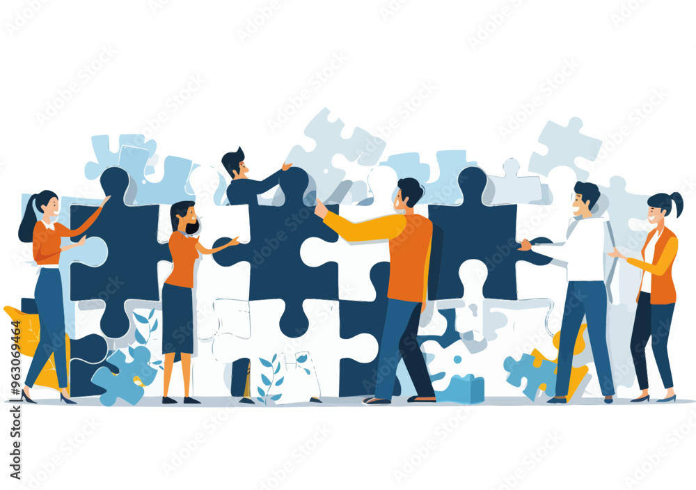 Poster team collaboration concept with workers holding puzzle pieces representing solution finding and prob