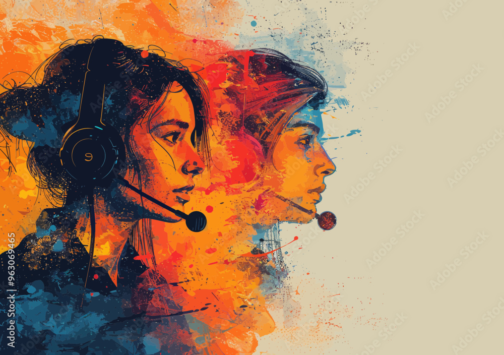 Poster vibrant vector illustration of call center operators with headsets in speech bubble - online technic