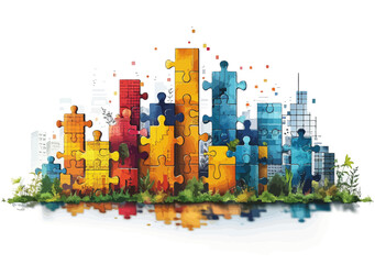 Obraz premium Puzzle Themed Business Success Concept - Building Blocks and Growth in Vector Illustration of Urban Skyline