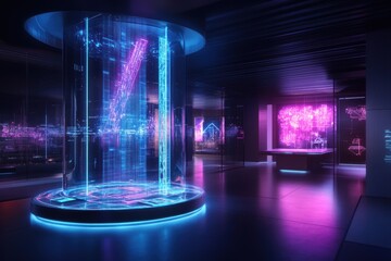 A futuristic innovation lab featuring holographic projections that showcase new technology designs and interactive prototypes.