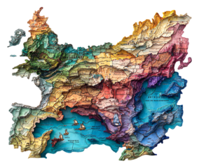 Colorful relief map of a coastal area's terrain and waters isolated on transparent background