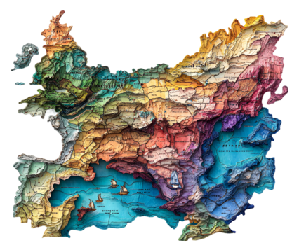 Colorful relief map of a coastal area's terrain and waters isolated on transparent background