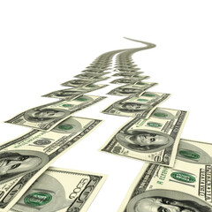 Sinuous line of flowing money moving from left to right