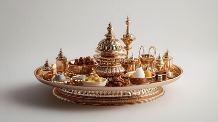 80. "A 3D image of the Jain Puja Thali, elaborately crafted with intricate details and traditional materials, isolated on a pristine white backdrop.