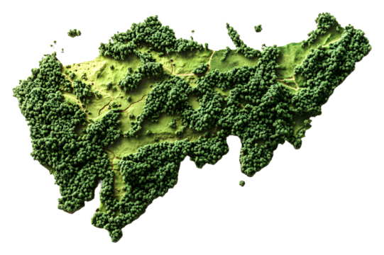 Detailed topographic map of a forested landscape in springtime isolated on transparent background