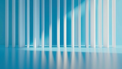 Obraz premium Abstract vertical white slats casting shadows on a soft blue background