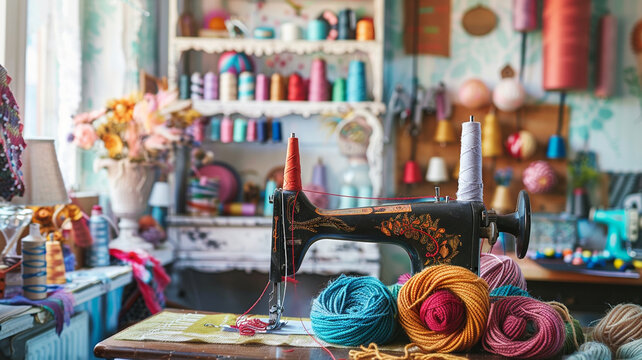 an image of a bohemian-inspired craft room with a colorful yarn stash and vintage sewing machine