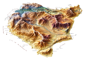 Topographic map of mountainous terrain features isolated on transparent background