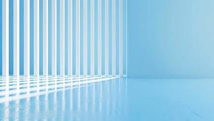 Obraz premium Bright minimalistic interior with blue walls and vertical white lines casting shadows