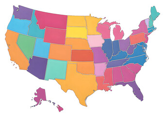 Colorful map of the U.S. showing state boundaries isolated on transparent background