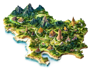 Aerial view of a detailed, vibrant model of a cultural landscape isolated on transparent background