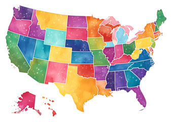 Colorful watercolor map of the United States with vibrant states isolated on transparent background
