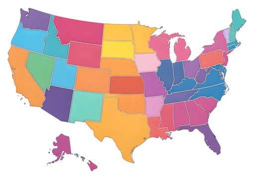Colorful map of the U.S. showing state boundaries isolated on transparent background