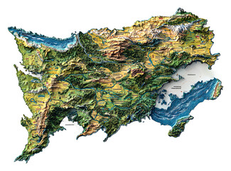 This 3D relief map showcases a coastal region with varied elevation isolated on transparent background
