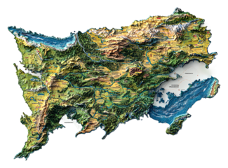 This 3D relief map showcases a coastal region with varied elevation isolated on transparent background