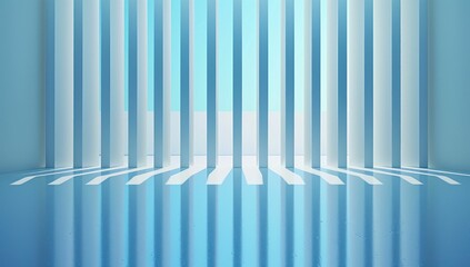 Fototapeta premium Abstract interior with vertical white lines and blue glossy floor, soft light filtering through