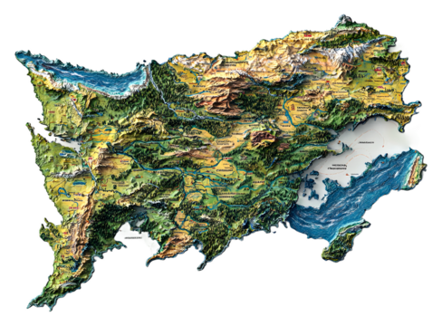 This 3D relief map showcases a coastal region with varied elevation isolated on transparent background - Powered by Adobe