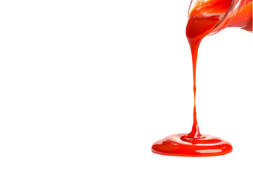 Red ketchup being poured from a glass bottle onto a white background. Concept of food, condiments, and culinary ingredients