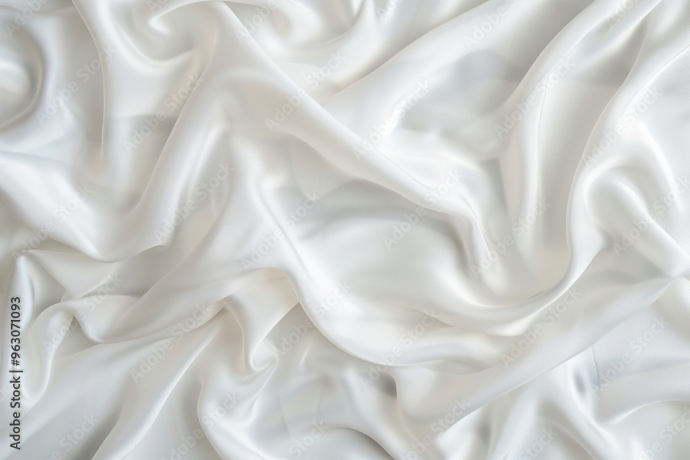 Poster close-up view of white fabric with subtle gray border, slightly wrinkled and curled edges. fabric te
