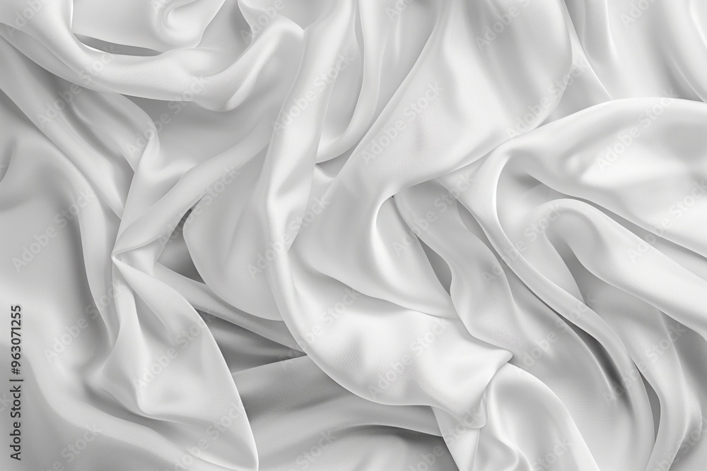 Poster Close-up view of white fabric with intricate texture and patterns. Fabric folded in half reveals design. Blurred background adds depth. Suitable for fashion, textile, interior design.