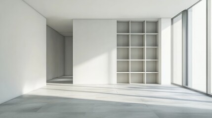 Obraz premium Empty White Room with Large Window and Built-in Shelving