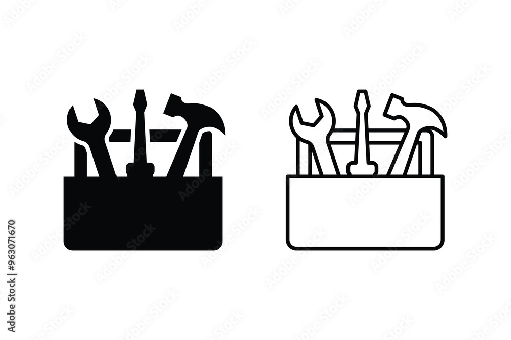 Poster handy toolbox icons. tool case icon concept. toolbox or tool kit icon set.