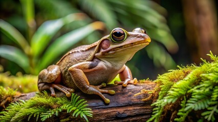 Obraz premium A tiny frog with white markings on its back perches on a rotting log, camouflaged amidst the misty