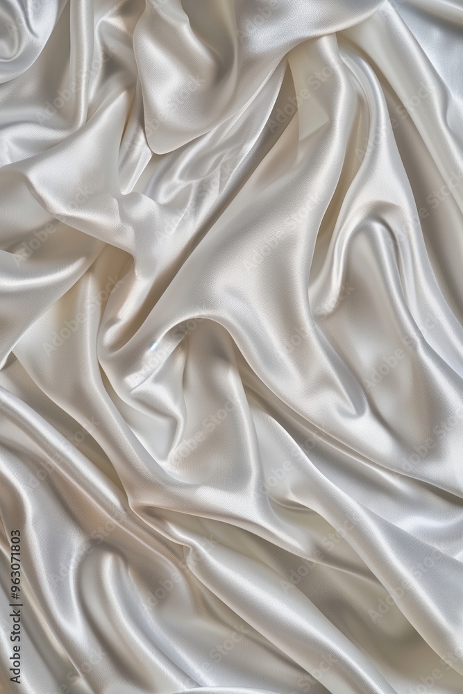 Poster Close-up view of white fabric with intricate texture and patterns. Fabric possibly made of silk or satin material. Blurred background draws focus to fabric details.