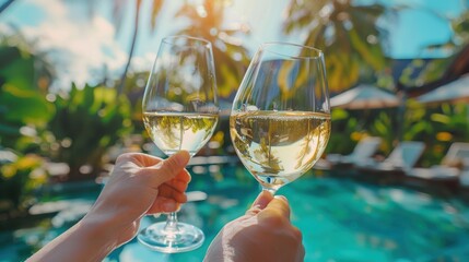Hand holding wine glass closeup view in a tropical luxury vacation resort
