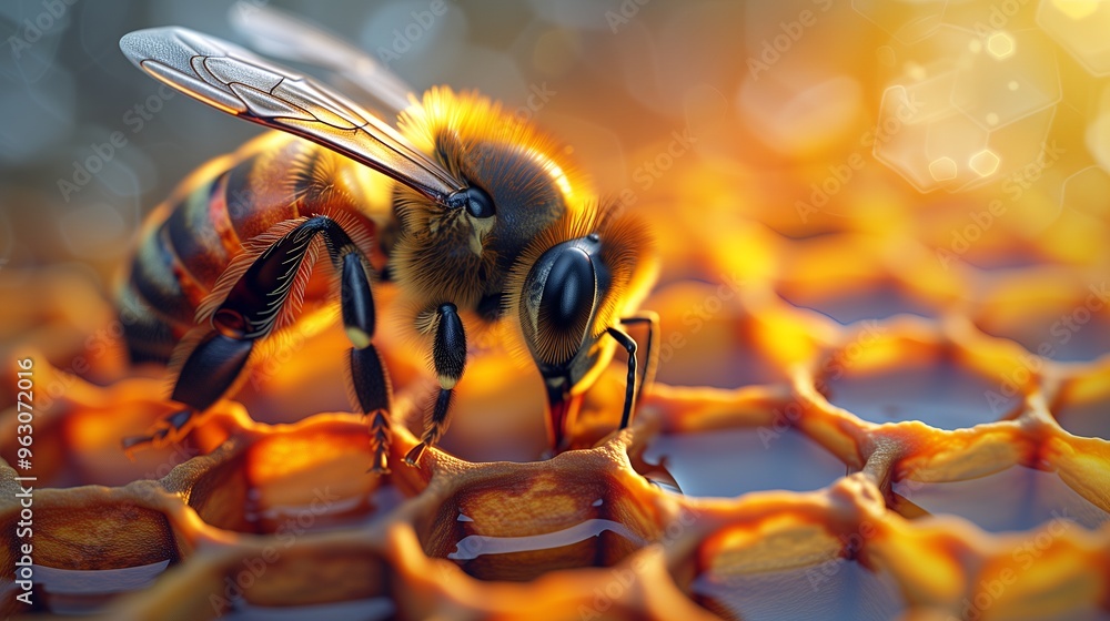 Poster a close-up view of a honeybee standing on a honeycomb filled with honey.