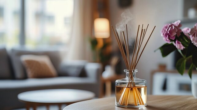 A fragrant reed diffuser with the scent of freesia sits on a wooden table in a living room.