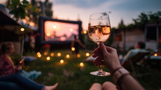 Hand holding wine glass closeup view in an outdoor movie party