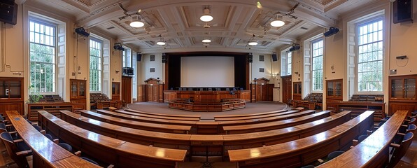 Empty lecture hall with wooden seats and a large screen at the front. The room is lit by natural light coming from the large windows.