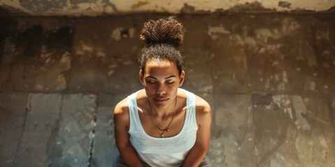 A woman is sitting on the floor with her head bowed