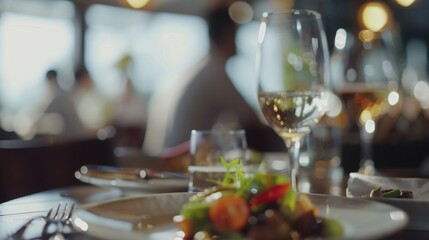 A table with a white plate of food and a wine glass