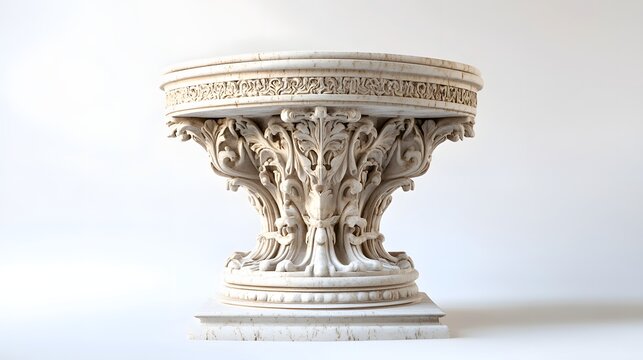 70. "A 3D depiction of a Christian baptismal font, elaborately designed with intricate textures and details, isolated on a pristine white backdrop.