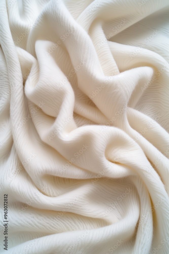 Poster White fabric with subtle texture reveals intricate pattern, design. Gray background contrasts with white fabric creating visually striking composition. Fabric appears smooth, luxurious for fashion.