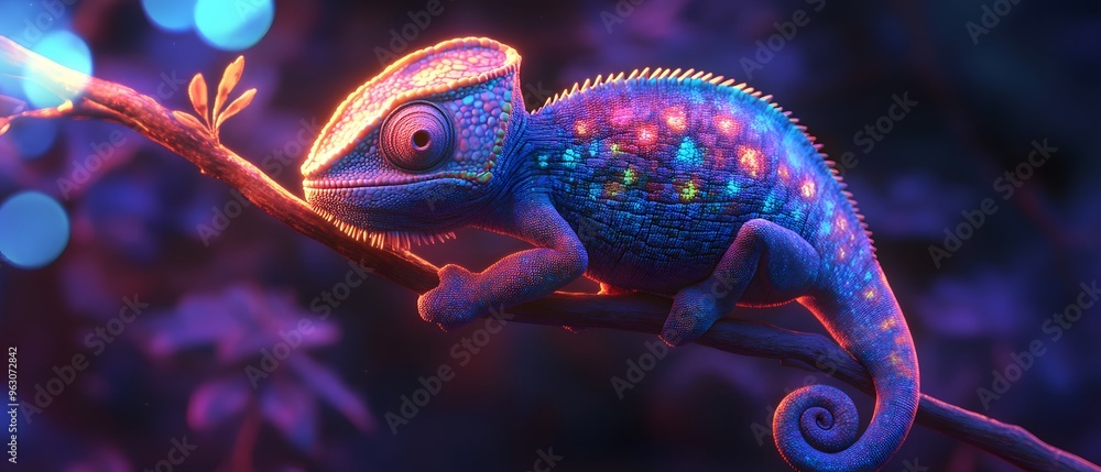 Wall mural colorful chameleon on branch with glowing skin