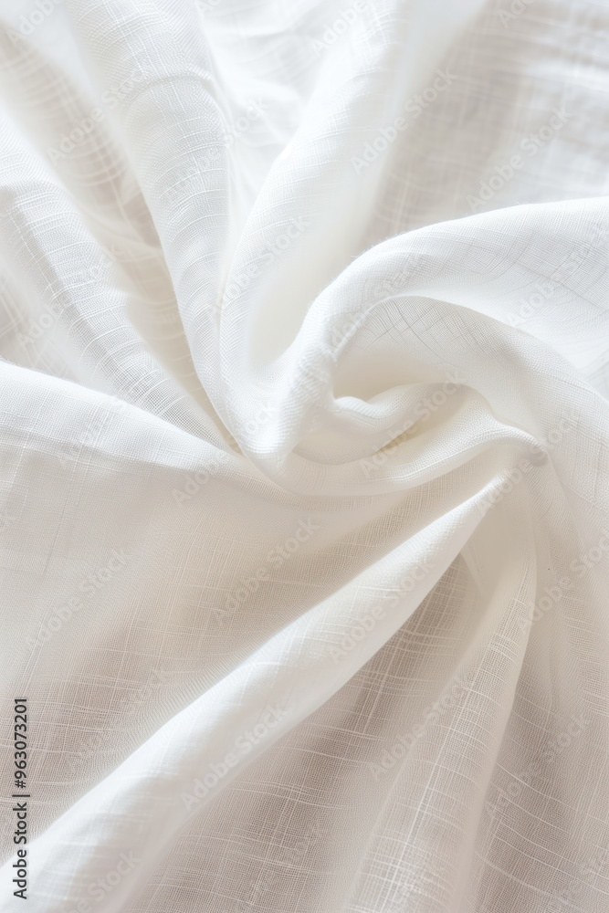 Poster Close-up view of white fabric with subtle pattern. Fabric folded in half intricate design. Blurred background focuses on textured surface, smooth finish, abstract pattern for various designs.