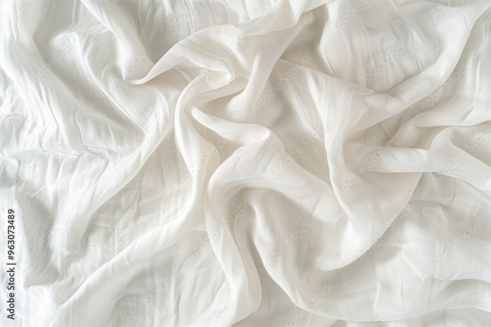 Poster Close-up view of white fabric with slight curl at bottom, soft and smooth texture. Fabric appears to be sheet or curtain, background blurred. No texts or objects present.