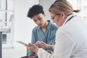 Patient, doctor and tablet for healthcare in clinic, consultation and discuss results of surgery. Physician, explain survival statistics and listening to advice in hospital, online and talk to woman