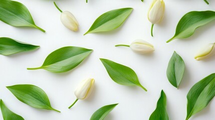 Obraz premium White Tulips and Green Leaves on White Background