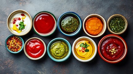 A variety of dipping sauces are arranged in bowls, showcasing their different colors and textures. They include pesto, ketchup, BBQ sauce, mustard, marinara sauce,