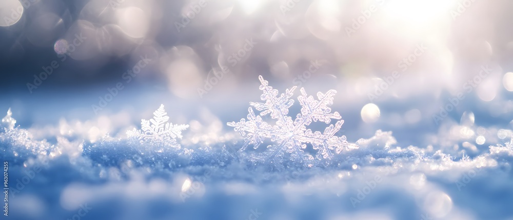 Poster sparkling snowflake on snow with bokeh background