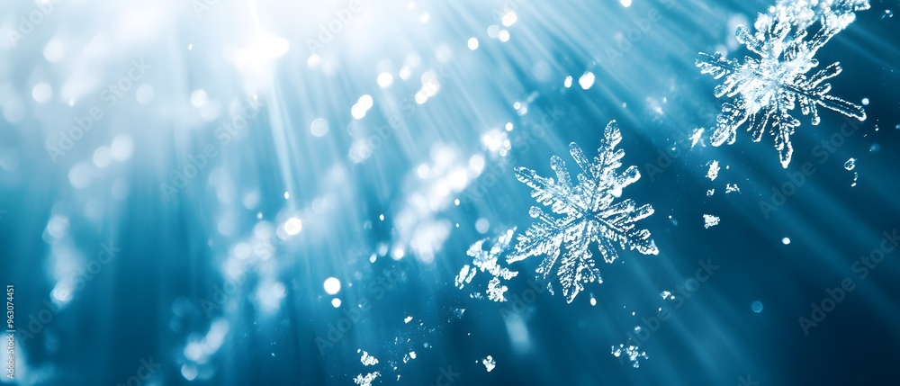 Poster macro snowflake with blue background and sun rays