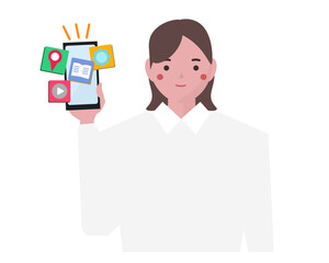 アプリをダウンロードするビジネスウーマン。アプリの開発。スマートフォンのアプリを使用する女性。ベクターイラスト