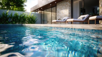A pool with a house in the background