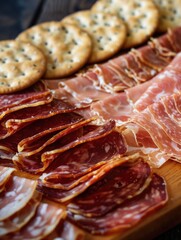 Obraz premium A variety of meats and crackers are laid out on a wooden cutting board