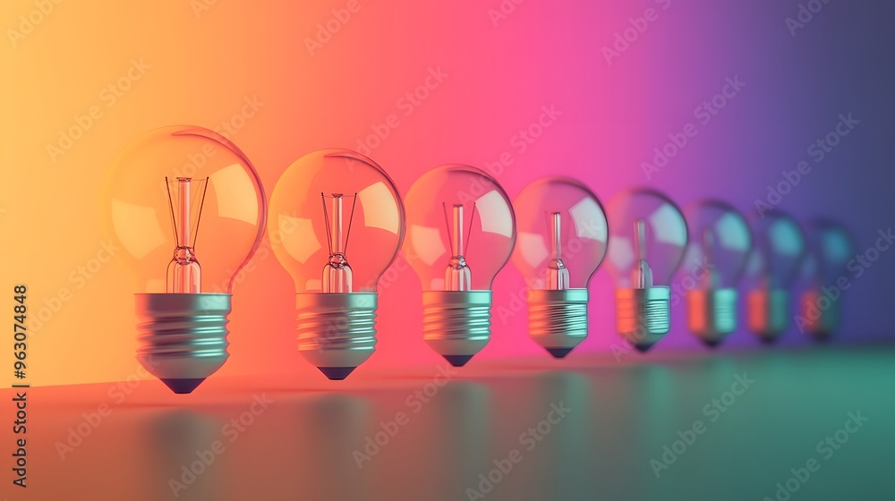 Poster light bulbs in a row on a gradient background